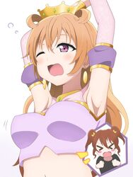  &gt;_&lt; 2girls armpits blush_stickers bracelet breasts brown_hair butterfly_(love_live!) commentary crown earrings highres jewelry konoe_haruka konoe_kanata large_breasts long_hair love_live! love_live!_nijigasaki_high_school_idol_club midriff multiple_girls navel one_eye_closed open_mouth orange_hair pokehikaxyz purple_eyes siblings sisters twintails upper_body yawning 