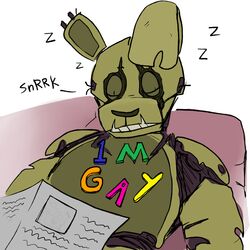  1:1 2021 animatronic anthro close-up closed_eyes corpse different_sound_effects english_text five_nights_at_freddy&#039;s five_nights_at_freddy&#039;s_3 fridge_magnet furniture green_body humor lagomorph leporid long_ears machine magnet male mammal monsterdongles multicolored_body newspaper notched_ear prank rabbit robot scottgames simple_background sitting sleeping snoring sofa solo sound_effects springtrap_(fnaf) teeth text torn_arm torn_body torn_face two_tone_body vowelless vowelless_sound_effect white_background wire zzz 