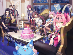  3boys 4girls adventurer_ras animal_ears arkasus black_gloves black_hair blue_eyes blue_necktie book bow cake candle closed_mouth coffee_table conqueror_lilias_(epic_seven) cookie couch cupcake english_text epic_seven eyes_visible_through_hair facial_mark fake_animal_ears fingerless_gloves fishnet_legwear fishnets food fur-trimmed_gloves fur_trim gloves green_eyes grin hair_ornament hair_over_one_eye hairbow happy_new_year heterochromia high_heels highres lamp lilias_(epic_seven) luluca_(epic_seven) mercedes_(epic_seven) mercedes_(fluffy_lady)_(epic_seven) multiple_boys multiple_girls necktie new_year open_mouth orange_eyes pink_hair purple_eyes purple_hair rass_elclare remnant_violet_(epic_seven) scar scar_across_eye sitting smile sungja sweatdrop table top_model_luluca_(epic_seven) violet_(epic_seven) weapon white_hair 