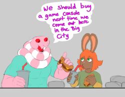  absurd_res anthro beverage burger clothed clothing dialogue drinking duo eating english_text eyelashes female food freckles green_eyes hair hi_res humanoid jack_smith lagomorph lake_smith leporid male male/female mammal muscular muscular_male rabbit rawhell reptile scalie short_hair snake soda text white_eyelashes 