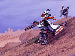  2021 4:3 absurd_res ambiguous_gender armor avali avalon_(avali_homeworld) avian canyon cape cloak clothed clothing cuisse digital_drawing_(artwork) digital_media_(artwork) dirty drone_(vehicle) duo eikla feathers feral feral_armor furgonomics futuristic_armor gun headgear hi_res holding_object holding_weapon machine outside railgun raku_naga ranged_weapon robot sliding visor weapon 