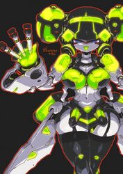  android black_background blue_eyes breasts female glowing half-closed_eyes highres holding kuruton486 large_breasts looking_at_viewer metal_skin navel open_mouth original science_fiction skindentation solo straight-on 