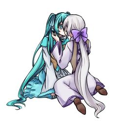  2girls aqua_dress aqua_eyes aqua_hair clarith corset dress evillious_nendaiki grey_hair hair_ribbon hatsune_miku kiraru_rarirari kissing kneeling long_hair michaela_(evillious_nendaiki) multiple_girls ponytail ribbon sennen_no_wiegenlied_(vocaloid) shiro_no_musume_(vocaloid) surprise_kiss surprised twintails very_long_hair vocaloid white_hair wide-eyed wide_sleeves yowane_haku yuri 