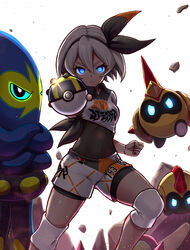  bea_(pokemon) black_bodysuit black_hairband blue_eyes bodysuit bodysuit_under_clothes collared_shirt commentary_request covered_navel dark-skinned_female dark_skin falinks female glint gloves glowing glowing_eyes grapploct grey_hair hair_between_eyes hairband highres holding holding_poke_ball knee_pads looking_at_viewer ooike_teru poke_ball pokemon pokemon_(creature) pokemon_swsh print_shirt print_shorts rock shirt short_hair shorts single_glove tied_shirt ultra_ball 