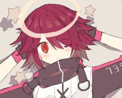  arknights arms_behind_head arms_up black_gloves blush breasts closed_mouth clothes_writing commentary exusiai_(arknights) female gloves hair_over_one_eye halo high_collar jacket looking_at_viewer melanbread one_eye_closed red_eyes red_hair short_hair simple_background small_breasts star_(symbol) symbol-only_commentary tan_background white_jacket 