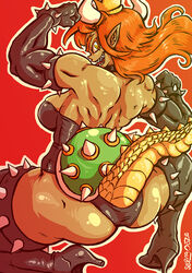  2_horns ambiguous_gender armwear ass back_muscles black_boots black_clothing black_footwear black_gloves black_handwear boots bowser bowsette_meme bracelet breasts clothed clothing crouching crown dark_body dark_skin elbow_gloves evil_grin eyebrows eyelashes female fist footwear fully_clothed gloves green_shell hair handwear headgear high_heeled_boots high_heels horn humanoid humanoid_pointy_ears jewelry long_tongue looking_back mario_bros meme neck_accessory nintendo on_ground one-piece_swimsuit open_mouth orange_hair raised_arms raised_tail scales seepingooze shell smile solo spiked_shell spikes spikes_(anatomy) super_crown swimwear tail tongue yellow_body yellow_eyes yellow_scales 