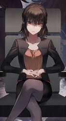  black_jacket black_skirt brown_eyes brown_hair chinese_commentary closed_mouth collarbone commentary crossed_legs female grey_pantyhose hair_between_eyes highres interlocked_fingers jacket kistina long_hair looking_at_viewer miniskirt open_clothes open_jacket orange_shirt pantyhose pencil_skirt psycho-pass rain shimotsuki_mika shirt sitting skirt solo 