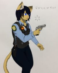  absurd_res anthro blue_eyes domestic_cat felid feline felis female gun hair handgun helena_may_stanton hi_res mammal police police_officer ranged_weapon revolver solo weapon zhs zzinhimsum 