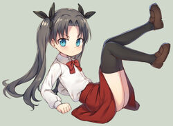  aged_down arm_support black_hair black_thighhighs blue_eyes brown_footwear commentary_request fate/grand_order fate_(series) female fred04142 full_body green_background leaning_back legs legs_up lolicon long_hair looking_at_viewer red_skirt ribbon shirt shoes simple_background sitting skirt solo thighhighs thighs tohsaka_rin twintails white_shirt 