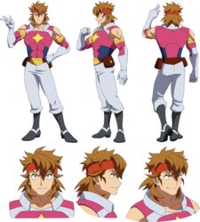  1boy abs brown_hair clenched_hand gundam gundam_build_divers gundam_build_divers_re:rise headband highres male_focus multiple_views muscular muscular_male official_art pointing red_headband reference_sheet torimachi_kazami transparent_background v yellow_eyes 