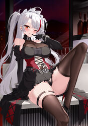  absurdres azur_lane black_gloves black_hair bottle breasts commentary elbow_gloves female gloves highres large_breasts long_hair looking_at_viewer maid maid_headdress official_alternate_costume one_eye_closed prinz_eugen_(azur_lane) prinz_eugen_(kindred_evening_spirits)_(azur_lane) red_eyes sitting smile solo thighhighs thighs twintails underwear white_hair wine_bottle yuxian_youka 