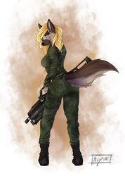  anthro blonde_hair breasts canid canine canis clothed clothing domestic_dog female fully_clothed g36 german german_shepherd glowing glowing_eyes gun hair herding_dog heterochromia hi_res kizrae looking_at_viewer looking_back mammal muscular muscular_anthro muscular_female natasha_klopov pastoral_dog ranged_weapon rear_view simple_background smile solo uniform weapon 