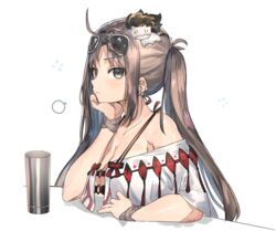  ahoge akuta_hinako armpits blush breasts brown_eyes brown_hair cleavage clenched_hand closed_mouth commentary_request cup earpiece expressionless eyebrows eyewear_on_head fate/grand_order fate_(series) female from_side hair_ornament hand_on_own_chin highres leaning leaning_on_table looking_at_viewer medium_breasts off_shoulder open_clothes open_shirt ranf shirt_straps sidelocks simple_background solo speech_bubble sunglasses table twintails white_background wristband yu_mei-ren_(fate) 