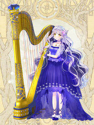  blue_choker blue_dress bow braid breasts choker cleavage crown_braid dairoku_ryouhei dress earrings female frills full_body grey_hair hairbow harp instrument jewelry long_hair looking_at_viewer necklace nyan5000 official_art pink_bow solo standing very_long_hair wristband yellow_eyes 