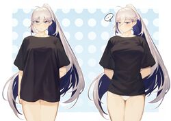  ... ahoge arms_behind_back black_shirt blue_eyes blue_hair blush breasts closed_mouth colored_inner_hair commentary_request dark_blue_hair female grey_hair hair_between_eyes highres large_breasts long_hair looking_at_viewer looking_away meme multicolored_hair original oversized_clothes oversized_shirt pajamas_challenge_(meme) panties ponytail shipl shirt simple_background standing t-shirt two-tone_hair underwear white_panties 