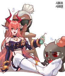  chaos_(dungeon_and_fighter) drinking_straw dungeon_and_fighter head_wings heterochromia horns juice_box kasy knight_(dungeon_and_fighter) korean_commentary long_hair looking_at_viewer massage multicolored_eyes open_mouth pink_hair ribbon smile thighhighs torn_clothes torn_legwear white_background wings 