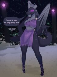  absurd_res anthro breasts clothing corromon dragon end_crystal ender_dragon english_text female hi_res horn jean_(minecraft) microsoft midriff minecraft mojang mythological_creature mythological_scalie mythology purple_clothing purple_eyes scalie solo speech_bubble tail text the_end_(minecraft) wings xbox_game_studios 