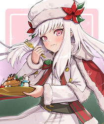  alternate_costume blush cape christmas eating female fire_emblem fire_emblem:_three_houses fire_emblem_heroes flower food fork fruit fur_trim gonzarez hair_flower hair_ornament hat highres long_hair long_sleeves lysithea_von_ordelia lysithea_von_ordelia_(winter) official_alternate_costume pink_eyes simple_background solo strawberry white_hair 