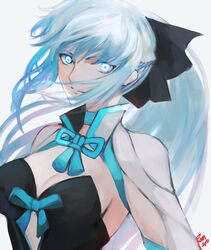  absurdres black_bow black_dress blue_eyes bow braid breasts cleavage dress fate/grand_order fate_(series) female grey_hair hairbow half_up_braid highres large_breasts long_hair long_sleeves looking_at_viewer moedredd morgan_le_fay_(fate) ponytail sidelocks smile solo two-tone_dress very_long_hair white_dress wide_sleeves 