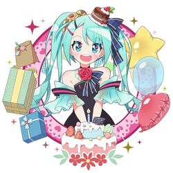  alternate_costume aqua_eyes aqua_hair bag balloon bare_shoulders birthday_cake black_dress borrowed_design cake cake_hat candle choker collarbone commentary dress female flower food food-themed_hair_ornament fruit fuusen_neko gift hair_ornament hairclip happy_birthday hatsune_miku heart_balloon long_hair macaron open_mouth paper_bag rose smile solo star_balloon strapless strapless_dress strawberry tareme tight_clothes tight_dress tube_dress twintails upper_body v_arms vocaloid 