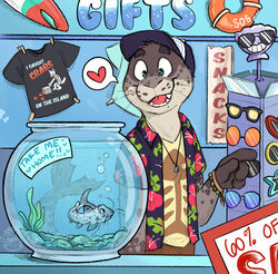  4_fingers anthro aquarium biped blue_eyes bottomwear bracelet catfish chevellenat clothed clothing creature_print detailed_background discount english_text eyewear fin fingers fish fish_bowl floral floral_clothing floral_pattern floral_print floral_shirt floral_topwear gift_shop glasses grey_body grey_skin hat headgear headwear heart_on_sign heart_reaction heart_symbol heart_writing hearts_around_text hi_res highlighted_text inside instruction instruction_on_sign jewelry leaf_pattern leaf_pattern_clothing leaf_print leaf_print_clothing leaf_print_shirt leaf_print_topwear life_preserver male mammal marine necklace number open_clothing open_mouth open_shirt open_topwear pants pattern_clothing pattern_shirt pattern_topwear percentage pictographics pinniped print_clothing print_shirt print_t-shirt print_topwear sea_lion seaweed shirt sign solo speech_bubble standing sunglasses surfboard t-shirt tail tail_fin teeth text text_emphasis text_on_clothing text_on_shirt text_on_t-shirt text_on_topwear text_print text_with_heart tongue topwear tropical_shirt vivarium water whiskers 