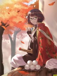  autumn autumn_leaves brown_hair commentary_request day female food_request glasses green_eyes katana leaf long_sleeves looking_at_viewer official_art omc outdoors sheath sheathed short_hair sitting smile sword tukune watermark weapon wide_sleeves 