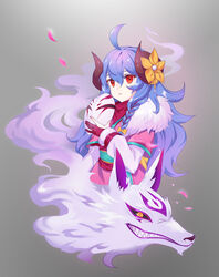  absurdres ahoge alternate_eye_color animal_ears blue_hair body_fur braid commentary_request curled_horns female fingerless_gloves flower freakyjay fur_(clothing) gloves grin hair_between_eyes hair_flower hair_ornament highres hooves horns japanese_clothes kindred_(league_of_legends) korean_commentary lamb_(league_of_legends) league_of_legends long_hair long_sleeves mask no_mask official_alternate_costume official_alternate_hairstyle open_mouth parted_lips partially_fingerless_gloves photoshop_(medium) purple_hair red_eyes side_braid smile solo spirit_blossom_(league_of_legends) spirit_blossom_kindred unworn_mask white_fur wolf wolf_(league_of_legends) 