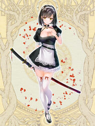  black_dress black_hair breasts brown_eyes cleavage dairoku_ryouhei dress female frills hairband hand_on_own_chest katana large_breasts looking_at_viewer maid nyan5000 official_art petals red_ribbon ribbon sheath sheathed short_sleeves solo sword thighhighs weapon white_hairband white_thighhighs zettai_ryouiki 