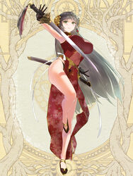  black_gloves black_hair blunt_bangs breasts bun_cover covered_navel dairoku_ryouhei double_bun earrings female fighting_stance full_body gloves green_eyes hair_bun holding holding_sword holding_weapon jewelry large_breasts long_hair nyan5000 official_art sheath solo standing standing_on_one_leg sword very_long_hair weapon 