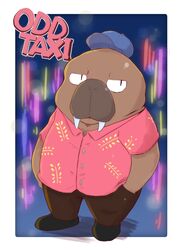  2021 absurd_res anthro bottomwear brown_body clothing hat headgear headwear hi_res hiroshi_odokawa_(odd_taxi) kemono male mammal marine no_biru odd_taxi overweight overweight_anthro overweight_male pants pinniped shirt solo topwear walrus 