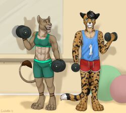  2022 abs anthro athletic athletic_female athletic_male athletic_wear ball barefoot barely_visible_pawpads blue_eyes bottomwear breasts cheetah clothing distracted drawstring duo ear_piercing ear_ring ear_scar ears_back exercise feet felid feline female gaikotsu gym gym_bottomwear gym_shorts halter_top intimidation jersey king_cheetah lion male mammal muscular muscular_female navel pantherine piercing pivoted_ears railing ring_piercing scar shadow shirt shorts signature small_breasts smile standing tail tail_tuft tank_top topwear tuft weightlifting weights workout yellow_eyes 