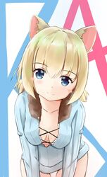  animal_ears ash_arms b-4_(ash_arms) blonde_hair blue_eyes blush_stickers breasts cat_ears collarbone female hamiro highres looking_at_viewer open_clothes open_shirt short_hair short_twintails simple_background smile solo twintails 