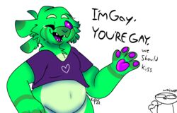  4_fingers anthro clothing crop_top dinosaur duo extinct feathers fingers fur furred_dinosaur green_body hi_res humanoid humor kiss_request luca_(lucapaws) male one_eye_closed prehistoric_species reptile requesting scalie shirt slightly_chubby topwear wink 