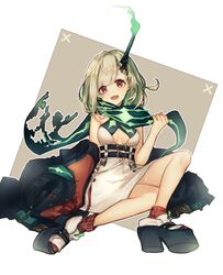  absurdres blush breasts cleavage coat dress female green_hair hair_ornament happy highres little_match_girl_(sinoalice) looking_at_viewer merry-san open_mouth red_eyes sandals scarf short_hair simple_background sinoalice sitting unworn_coat white_dress 