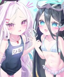  2girls :d :o absurdres alternate_costume aris_(blue_archive) bare_shoulders beach bikini black_hair black_halo black_horns blue_archive blue_bikini blue_eyes blue_halo blue_one-piece_swimsuit blue_sky blush blush_stickers bright_pupils character_name clenched_hand collarbone colored_eyelashes commentary covered_navel cowboy_shot day demon_horns diving_mask diving_mask_on_head double-parted_bangs embarrassed english_commentary female_child flat_chest forehead frilled_bikini frills furrowed_brow goggles goggles_on_head groin hair_between_eyes hair_ornament hairclip halo hand_up heart heart_in_mouth highres hina_(blue_archive) hina_(swimsuit)_(blue_archive) horns long_hair looking_at_viewer multiple_girls name_tag navel notice_lines ocean official_alternate_costume old_school_swimsuit one-piece_swimsuit open_mouth outdoors parted_bangs purple_eyes ringed_eyes school_swimsuit side-by-side sky slit_pupils smile snorkel spoken_heart standing straight_hair striped striped_bikini sweat sweatdrop swimsuit teeth upper_teeth_only vertical-striped_bikini vertical_stripes very_long_hair wavy_hair wellski whistle whistle_around_neck white_bikini white_hair 