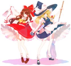  2girls apron armpits ascot blonde_hair blue_footwear blue_headwear blue_skirt bow broom brown_eyes brown_footwear brown_hair detached_sleeves frilled_bow frills hair_tubes hairbow hakurei_reimu hat kan_(tachi) kirisame_marisa mary_janes medium_hair multiple_girls nontraditional_miko ofuda protected_link red_bow ribbon-trimmed_sleeves ribbon_trim shoes skirt skirt_set touhou white_legwear wide_sleeves witch_hat yellow_ascot 