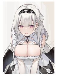  +_+ azur_lane black_wings blunt_bangs breasts cleavage cleavage_cutout clothing_cutout cross-shaped_pupils dated dress elbow_gloves feathered_wings female flower frills gloves grey_hair hair_flower hair_ornament highres large_breasts light_blush lips long_hair looking_at_viewer maid maid_headdress ping_zhong_yu red_eyes scylla_(azur_lane) signature sleeveless sleeveless_dress smile solo symbol-shaped_pupils upper_body white_dress white_gloves wings 