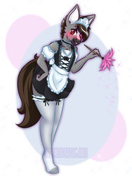  3:4 anthro big_ears blush brown_eyes brown_hair choker cleaning_tool clothing dallas_prairiewind equid equine feather_duster femboy fur grey_body grey_fur hair hi_res hooves horse jewelry legwear looking_at_viewer maid_uniform male mammal markings momodesugart necklace simple_background solo stockings uniform white_markings 