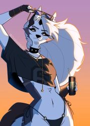  anthro artist_name bangs bikini bikini_thong black_eyeshadow canid canid_demon canine canis clothing collar corpsemuttz crop_top demon ear_piercing eyebrow_piercing eyelashes eyeshadow eyewear facial_piercing facial_tuft female fingerless_gloves fur glistening_eyelids gloves grand_theft_auto grand_theft_auto_vi gta_vi_cover_girl hair handwear hellaverse hellhound helluva_boss hi_res jewelry long_eyelashes loona_(helluva_boss) makeup mammal meme monster_energy monster_energy_can mythological_canine mythological_creature mythology navel necklace o-ring o-ring_bikini piercing rockstar_games shirt small_waist solo spiked_collar spikes sunglasses sunset swimwear text topwear tuft twitter_handle two-piece_swimsuit white_body white_fur white_hair wide_hips wolf 