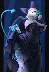  2026 anthro biped blue_body blush blush_stickers clothed clothed_anthro clothed_female clothing clothing_lift deltarune digital_drawing_(artwork) digital_media_(artwork) dress dress_lift empty_eyes female female_anthro fully_clothed fully_clothed_anthro fully_clothed_female furgonomic_headwear furgonomics hand_on_cheek karasumisso looking_at_viewer low-angle_view multicolored_body navel_outline nun_habit nun_outfit presenting religious_clothing shaded slim slim_anthro slim_female soft_shading solo tasque_manager tasque_manager_(nun) three-quarter_view two_tone_body undertale_(series) white_body white_face 