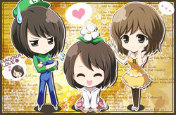  3girls asou_misaki bad_id bad_pixiv_id black_eyes black_hair blush breasts brown_hair chibi closed_eyes cosplay dress fatal_frame fatal_frame_4 flower hat isumi_(i-spixi) luigi luigi_(cosplay) mario_(series) medium_breasts minazuki_ruka multiple_girls overalls pantyhose photoshop_(medium) skirt smile super_mario_bros._1 thighhighs tsukimori_madoka 