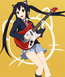  animal_ears blue_hair brown_eyes cat_ears commentary_request duplicate female guitar instrument k-on! nakano_azusa open_mouth p_(zzaazz) photoshop_(medium) sakuragaoka_high_school_uniform school_uniform solo twintails yara_kami_meiosei 