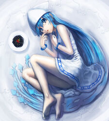  barefoot black_spaghetti blue_eyes blue_hair chourui_keiko commentary_request dress feet female food hat highres ikamusume ink long_hair lying pasta shinryaku!_ikamusume solo spaghetti tentacle_hair 