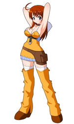  armpits arms_up bakuretsu_tenshi blue_eyes blush breasts cleavage cowboy_hat hat highres long_hair looking_at_viewer meg meg_(bakuretsu_tenshi) orange_hair shishimaru_ken&#039;ya shoes simple_background smile standing white_background 