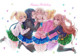  5girls :d ^_^ asahina_momoko backlighting bad_id bad_pixiv_id badge black_hair black_legwear black_serafuku blonde_hair bloomers blue_skirt blunt_bangs blush bow bowtie breasts button_badge cardigan closed_eyes collared_shirt confetti double_bun dress_shirt etou_kurumi frills full_body girl_sandwich girlfriend_(kari) grabbing_another&#039;s_chin green_eyes green_skirt grey_hair hair_between_eyes hair_bun hair_ornament hair_ribbon hairclip hand_on_another&#039;s_chin hand_on_another&#039;s_shoulder happy happy_birthday hood hood_down hoodie imminent_kiss kazemachi_haruka kneehighs kneeling kurokawa_nagiko lineup loafers long_hair long_sleeves looking_at_another low_twintails manami_(fearfac666) multiple_girls one_eye_closed one_side_up open_mouth outstretched_arm pantyhose petticoat pink_eyes plaid plaid_skirt pleated_skirt polka_dot profile purple_legwear rabbit_hair_ornament ribbon sandwiched school_uniform scrunchie serafuku shirt shoes short_hair short_twintails skirt small_breasts smile smiley_face socks thighhighs twintails underwear very_long_hair white_legwear yomogida_sumire zettai_ryouiki 