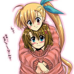  2girls aged_up blonde_hair brown_hair commentary_request from_behind green_eyes hair_ornament hair_ribbon heterochromia hug long_hair lyrical_nanoha mahou_shoujo_lyrical_nanoha_strikers multiple_girls nininbaori photoshop_(medium) red_eyes ribbon san-pon shared_clothes shared_sweater short_hair side_ponytail sweater vivio yagami_hayate 