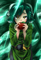  apple eyebrows female food fruit green_clothes holding holding_fruit leaf solo yellow_eyes 