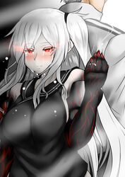  1boy abyssal_ship admiral_(kancolle) aircraft_carrier_oni back-to-back black_shirt colored_skin commentary_request crying crying_with_eyes_open disappear dress female glowing glowing_eyes grey_hair highres jewelry kantai_collection konoshige_(ryuun) long_hair military military_uniform naval_uniform pale_skin red_eyes ring sailor_dress shirt side_ponytail sleeveless tears uniform wedding_ring white_hair white_skin 