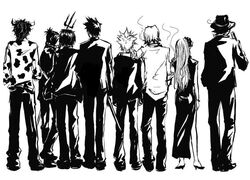  6+boys 7boys back bianchi black_and_white chameleon cigarette dress fedora female formal gokudera_hayato gun hat hibari_kyouya high_heels horns katekyo_hitman_reborn katekyo_hitman_reborn! lambo long_hair male monochrome multiple_boys polearm reborn rokudou_mukuro sawada_tsunayoshi shoes short_hair simple_background smoke spear suit sword trident weapon yamamoto_takeshi 