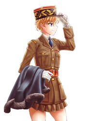  adjusting_clothes adjusting_headwear asparagus_(girls_und_panzer) bc_freedom_military_uniform blonde_hair blue_eyes coat commentary_request cowboy_shot dorotabou_(dieter) dress_shirt female girls_und_panzer girls_und_panzer_ribbon_no_musha gloves hat highres holding jacket kepi long_sleeves looking_away military military_hat military_uniform miniskirt necktie pelisse pleated_skirt shirt short_hair skirt smile solo standing uniform white_background white_gloves 